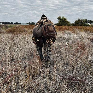 Hunter with packs and bags walking through a field