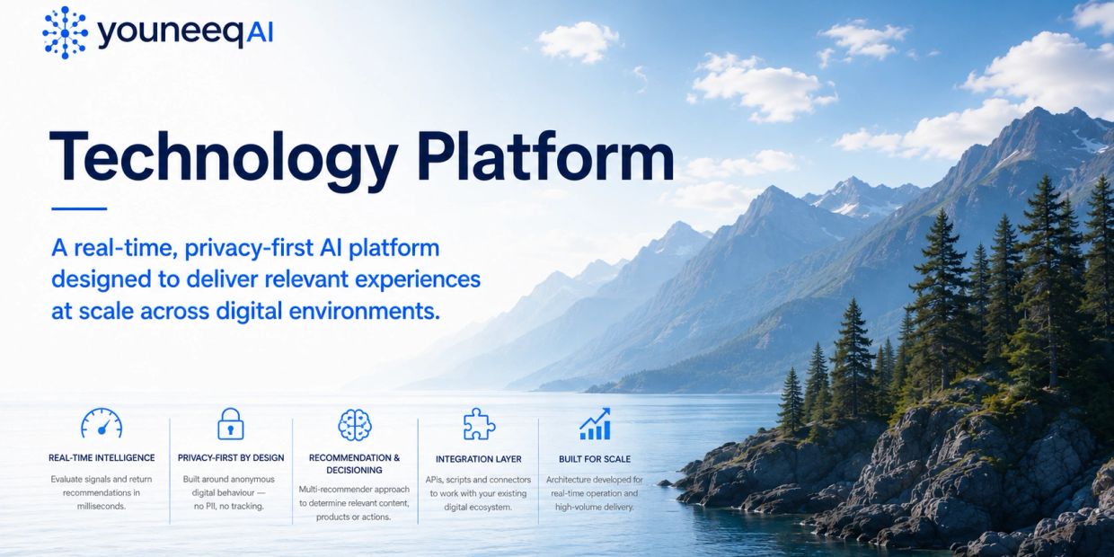 Youneeq AI technology platform overview with mountain lake background.
