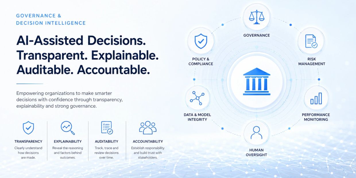 AI-assisted decisions focus on transparency, explainability, auditability, and accountability.