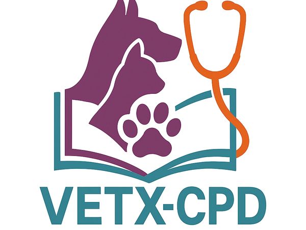 Veterinary logo with dog, cat, paw, stethoscope, and book. Veterinary logo for CPD events for veterinary education