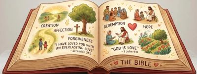 Illustrated Bible pages showing themes like creation, forgiveness, redemption, and hope.