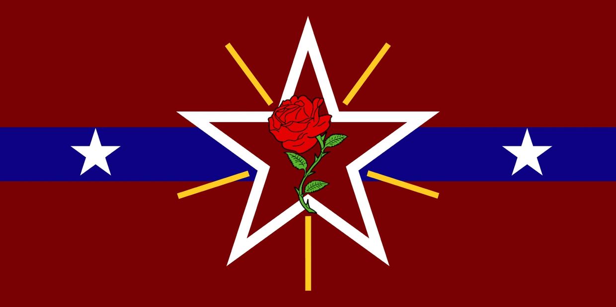 A red star with a rose inside, flanked by white stars on a blue stripe, set on a maroon background.