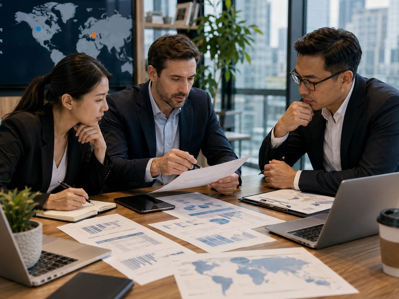 Three professionals analyzing documents in a meeting.