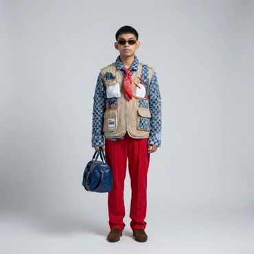 Man in eclectic outfit with patchwork jacket, red pants, sunglasses, and blue bag.