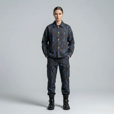 Woman in blue camo outfit with black boots stands against gray background.