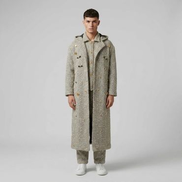 Man modeling a textured gray coat and matching outfit with white sneakers.