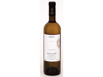 Bottle of white wine with Greek labeling.