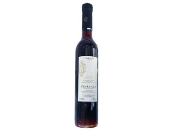 Bottle of red wine labeled Vinsanto.