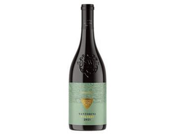 Bottle of Santorini 2021 wine with a green label.