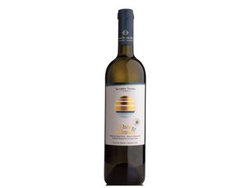 A bottle of white wine with a distinctive label.