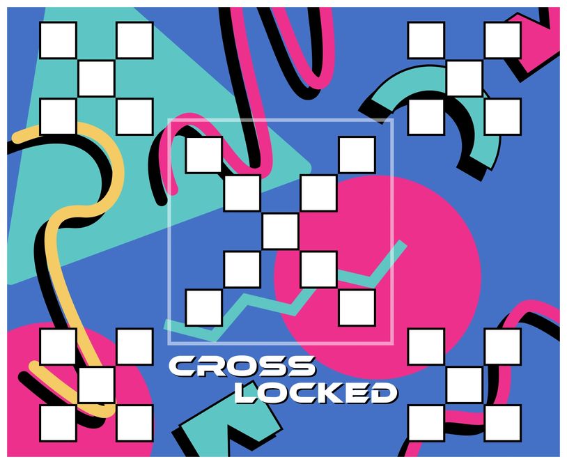Bold graphic with 'Cross Locked' text and abstract colorful shapes on blue background.