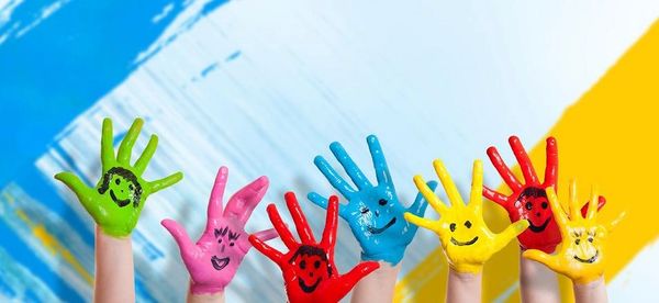Six colorful painted hands, each with a drawn smiley face