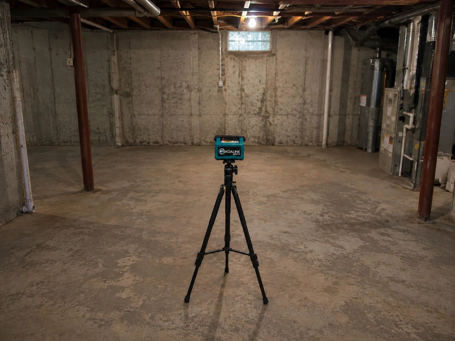 Tripod with a Radalink Aircat device in an empty industrial space.