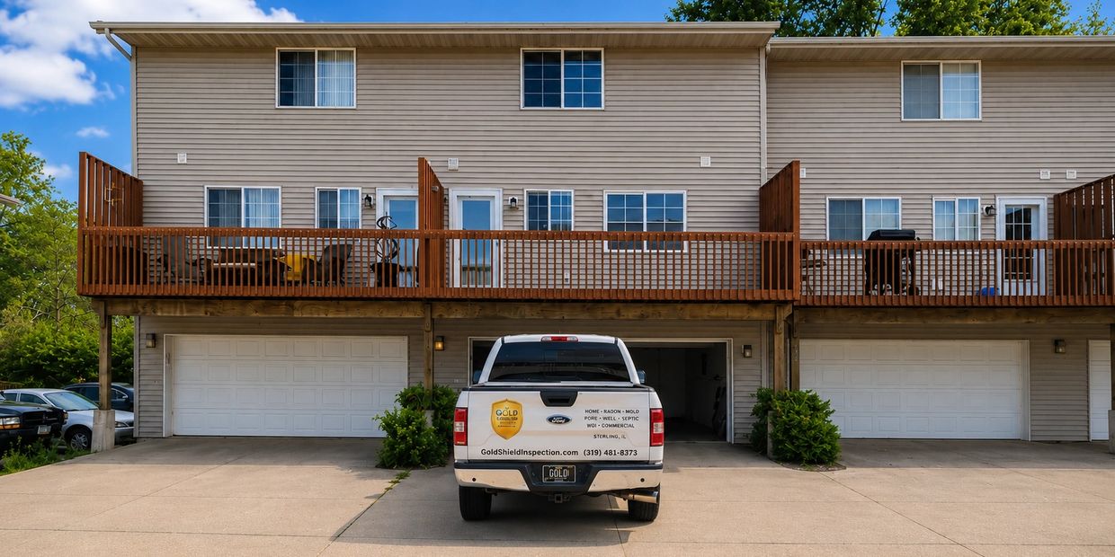 White inspection truck parked in front of townhouse garages under balconies.