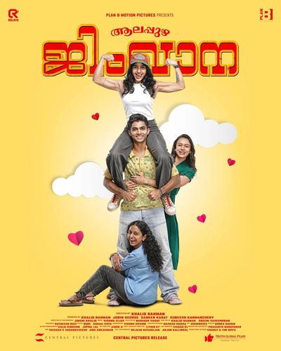 Four friends posing joyfully on a bright yellow movie poster with hearts and clouds.