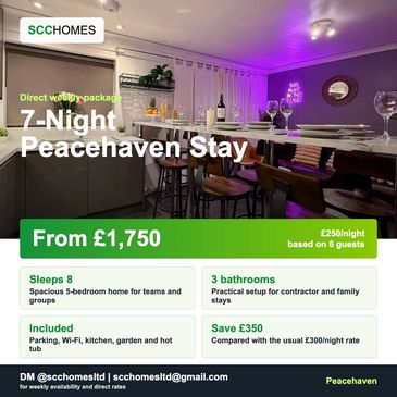 Cozy 7-night stay in a 5-bedroom home with kitchen, garden, and hot tub.