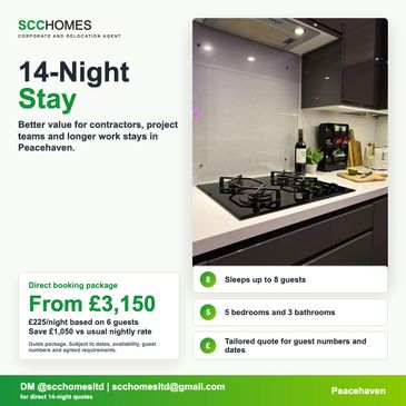14-night stay offer for contractors and project teams in Peacehaven with modern kitchen and great value.