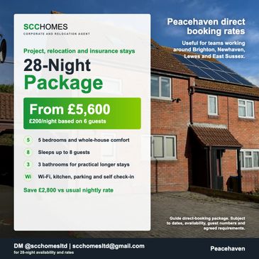 Peacehaven 28-night stay package for groups, from £5,600, with 5 bedrooms and self-check-in.
