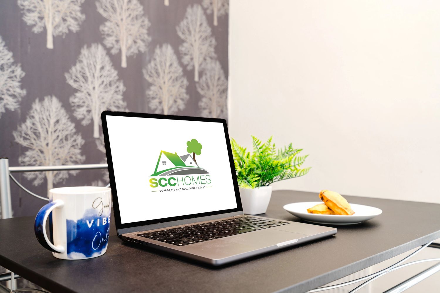 Laptop on a desk with a plant, coffee mug, and plate of snacks.