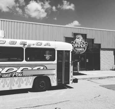 Todd's Dogs original food truck pictured at Upper Thames Brewing Co. pictured in black and white