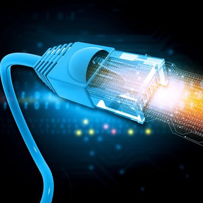 Ethernet cable design with blue cable blasting binary code from the rj45 plug tip.