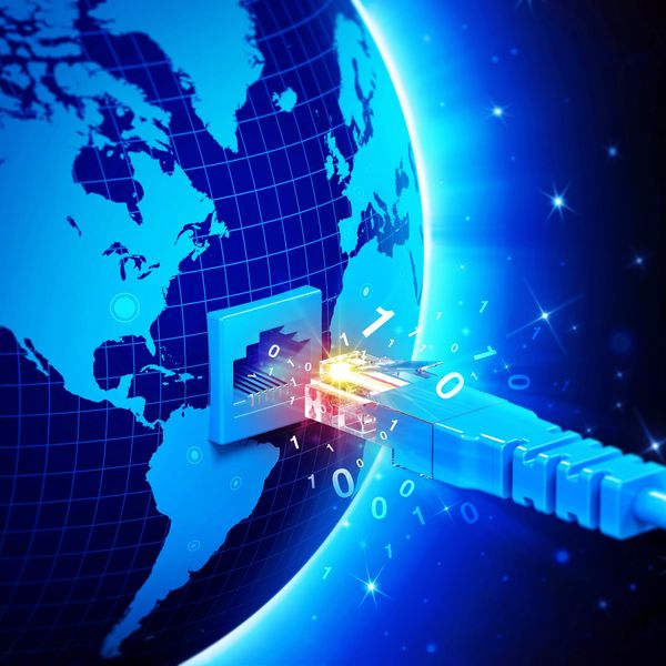 World with giant data jack and patch cable from space plugging into the world.