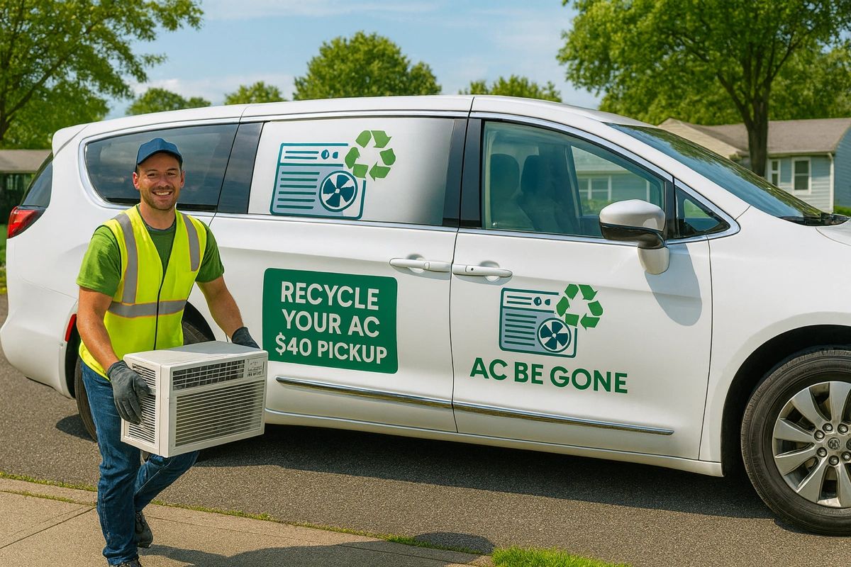 Man holding an air conditioner unit next to a recycling service van.