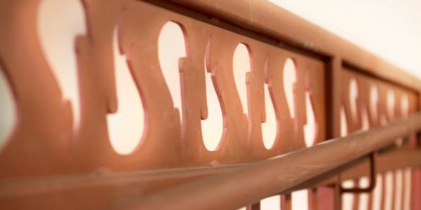 Keepers of the fire corporate logo designed into entrance railings at Potawatomi Hotel and Casino