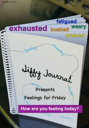 Jiffy Journal on a table showing the word exhausted and its synonyms