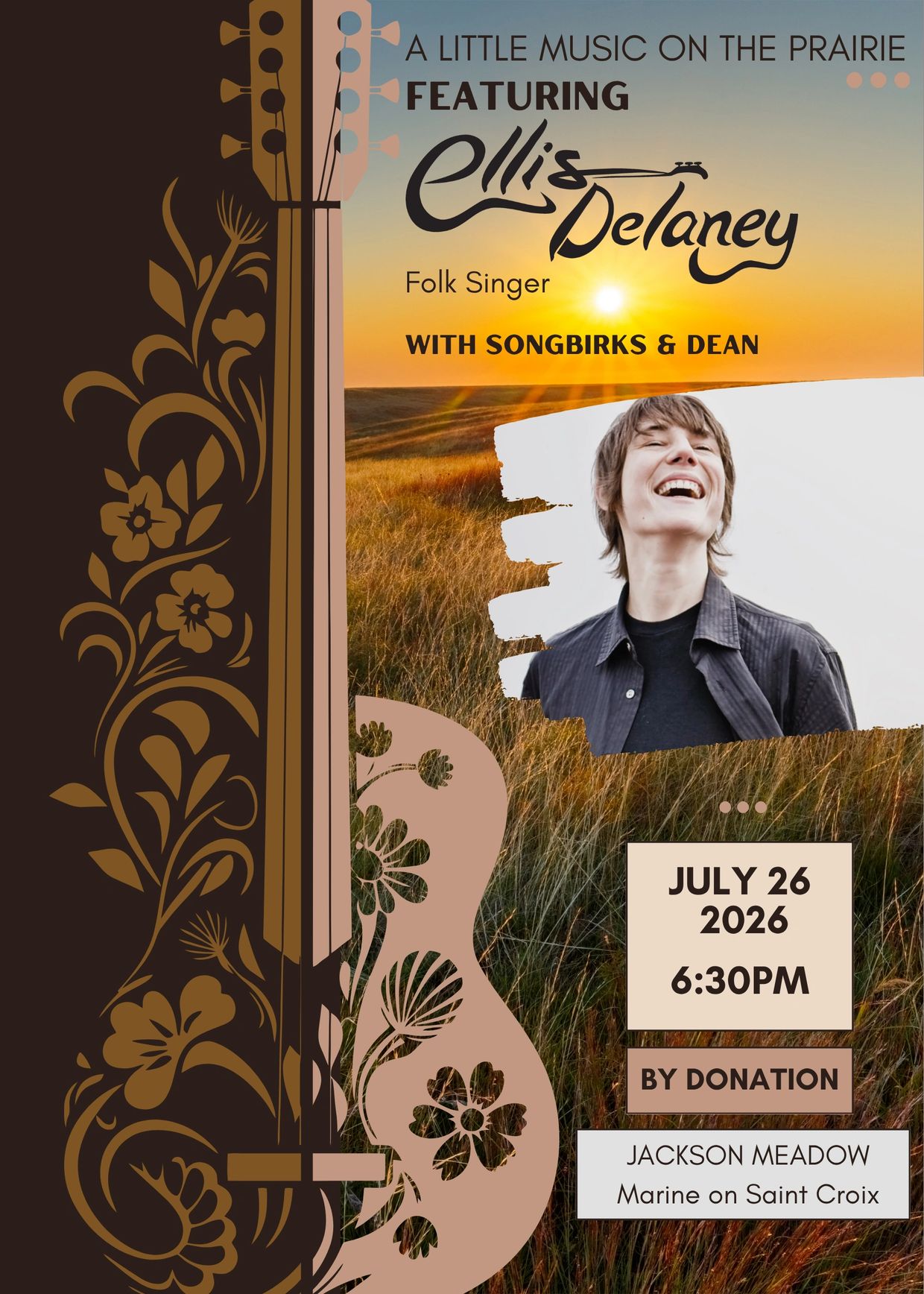 Concert poster featuring Ellis Delaney, a folk singer, with Songbirks and Dean.