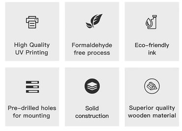 Icons highlighting eco-friendly printing and quality wooden construction features.