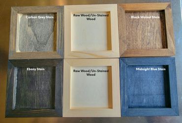 Example of our custom hand stain colors versus raw/un-stained wood.