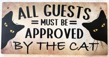 Sign stating all guests must be approved by the cat with cat illustrations.