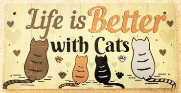 Decorative sign saying life is better with cats, featuring cartoon cats.