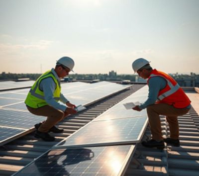 Two workers installing solar panels on a commercial rooftop.