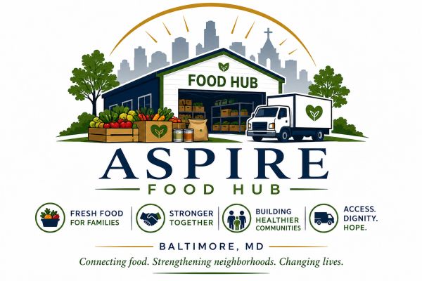 Aspire Food Hub logo promoting fresh food access in Baltimore.