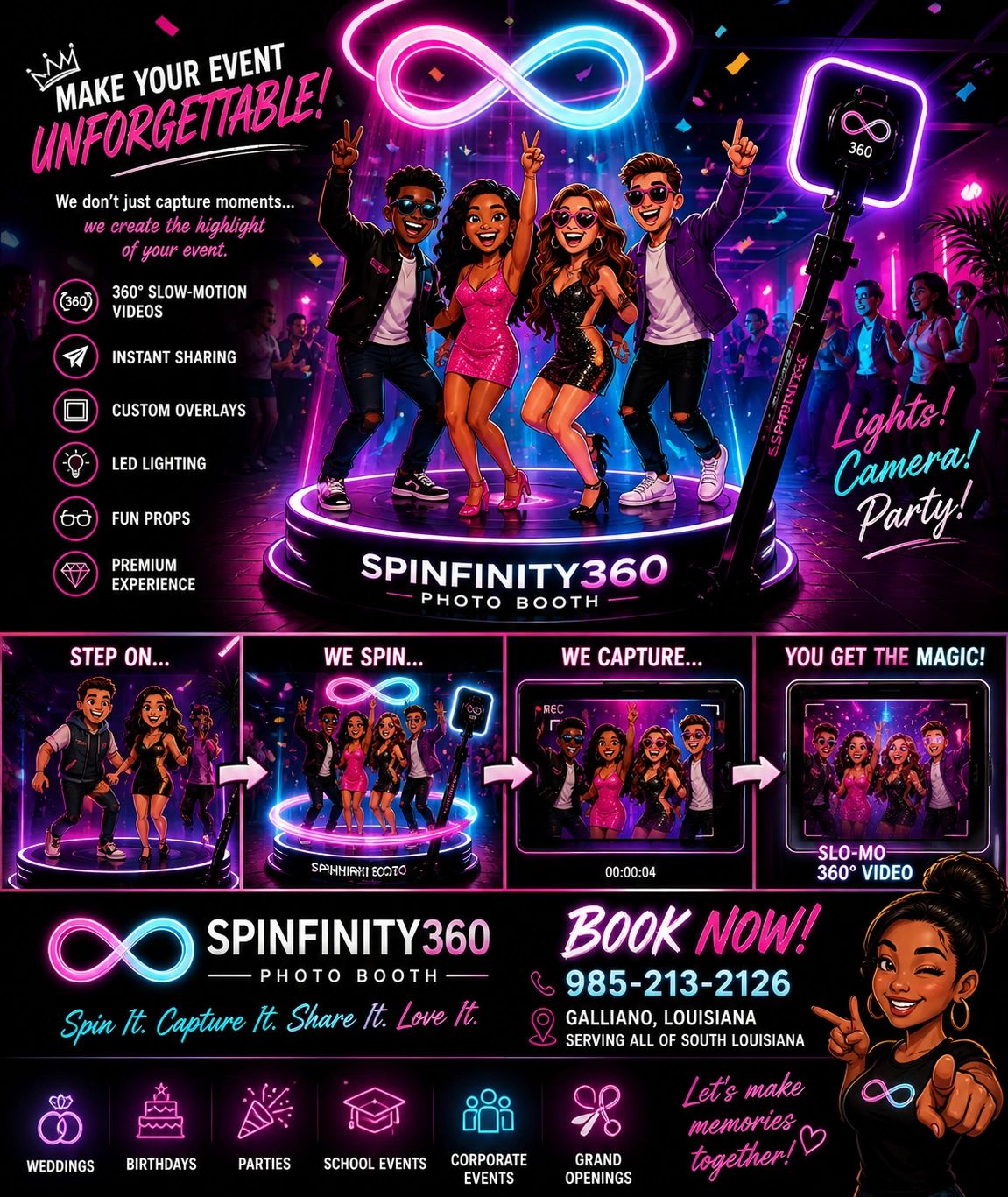 SpinFinity360 photo booth offers 360° motion videos with instant sharing and custom overlays