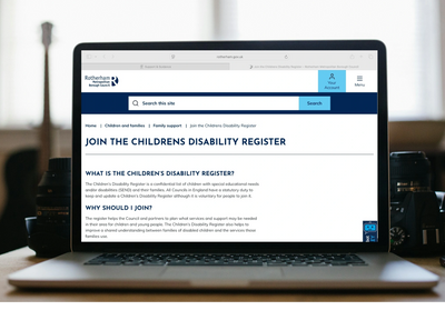 a laptop with the Children's Disability Register website displayed
