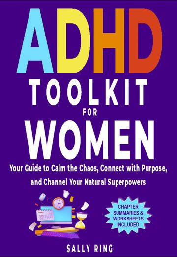 Colorful ADHD Toolkit for Women book cover by Sally Ring on a purple background.