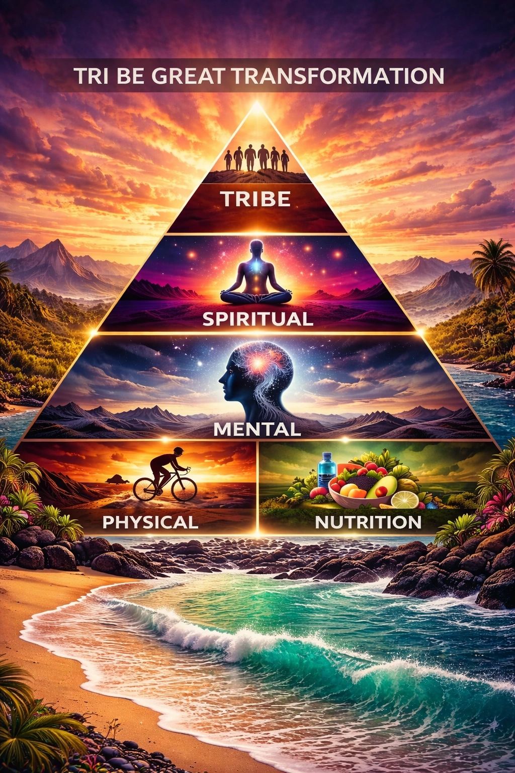 Pyramid illustrating transformation through tribe, spiritual, mental, physical, and nutrition stages.