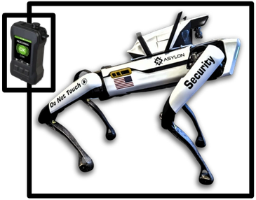 A quadruped security robot with 'Do Not Touch' and 'Security' labels, accompanied by a handheld device.