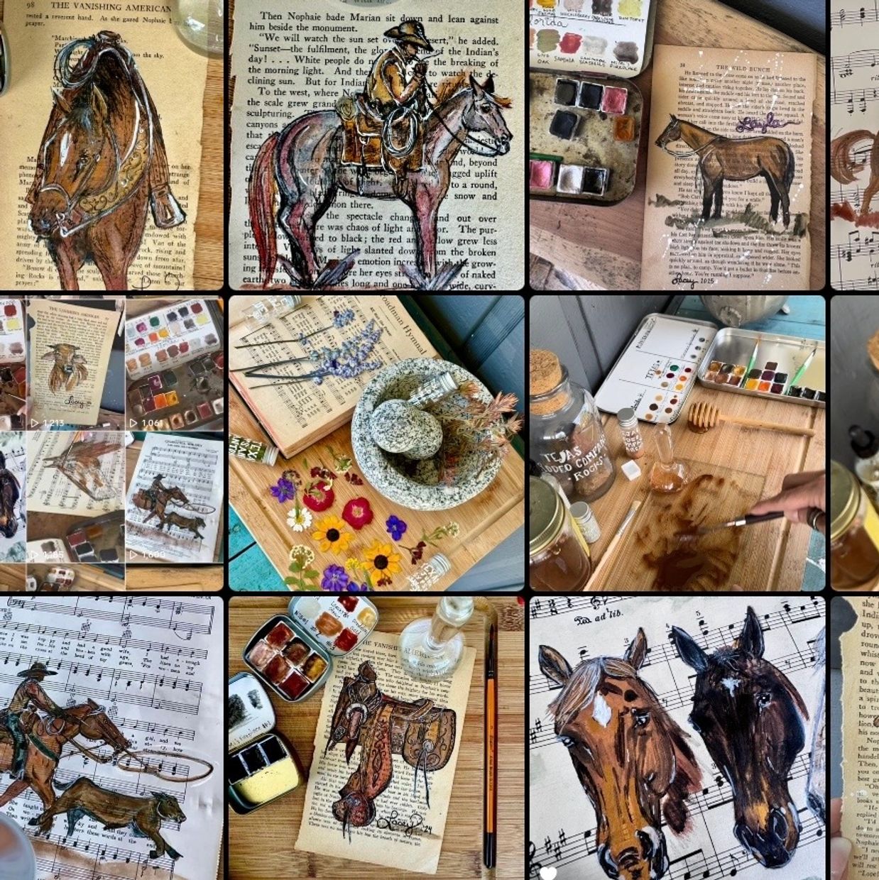 Artistic watercolor paintings of horses on vintage paper and music sheets.
