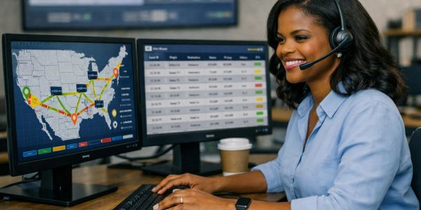 Woman working with logistics data on dual monitors.