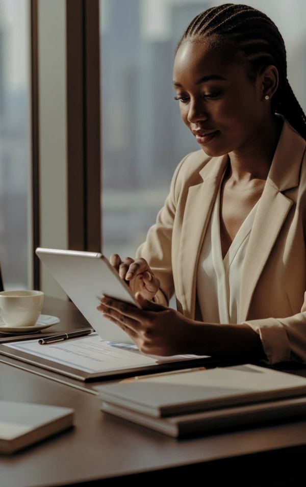 Woman working on a tablet in an office setting.