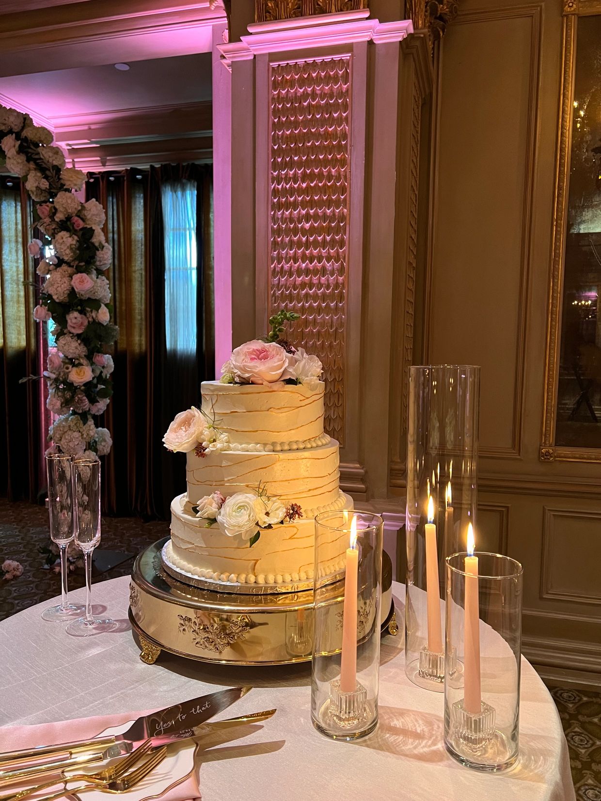 asheville wedding with up lighting in pink