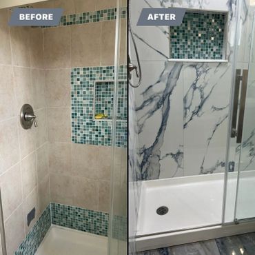 Before and after images of a shower remodel with modern marble wall tiles.