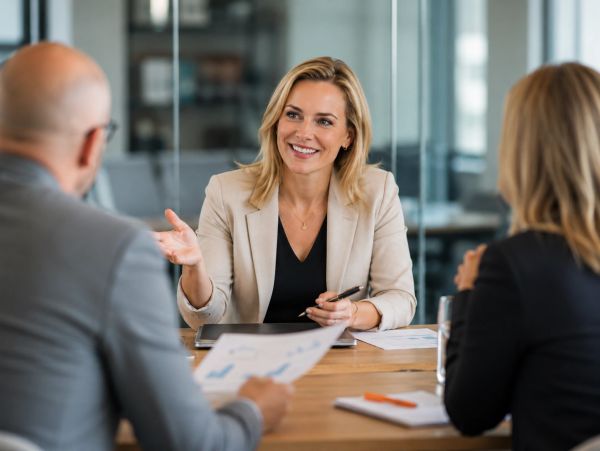 Meeting room with 3 people discussing an idea