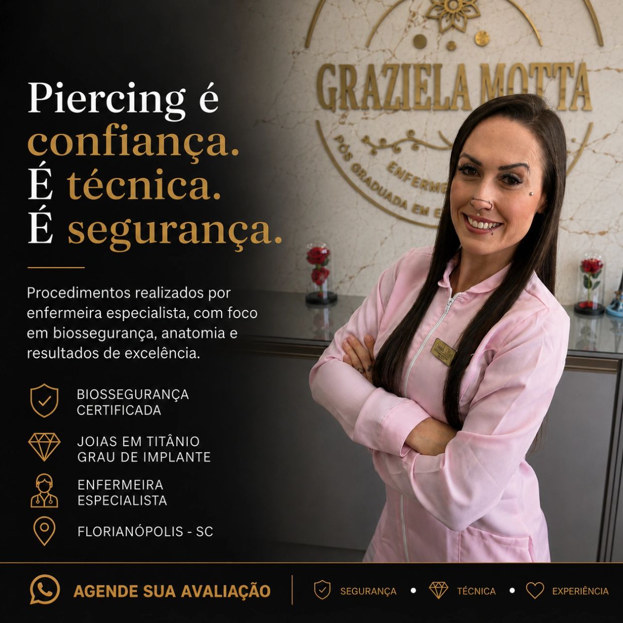 Enfermeira especialista em piercing com foco em biossegurança e técnica.