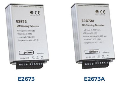 Two Evikon off-gassing detectors E2673 and E2673A with specifications.