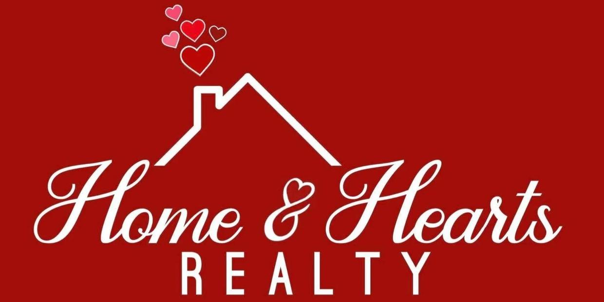 Home & Hearts Realty Logo on red background with white letters & roof line & chimney with hearts